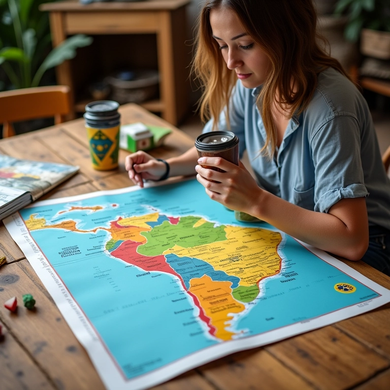 Mulher planejando viagem de carro no Brasil com mapa, guias e artesanato.