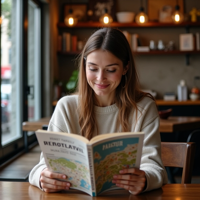 Mulher planejando viagem econômica para Europa em café.