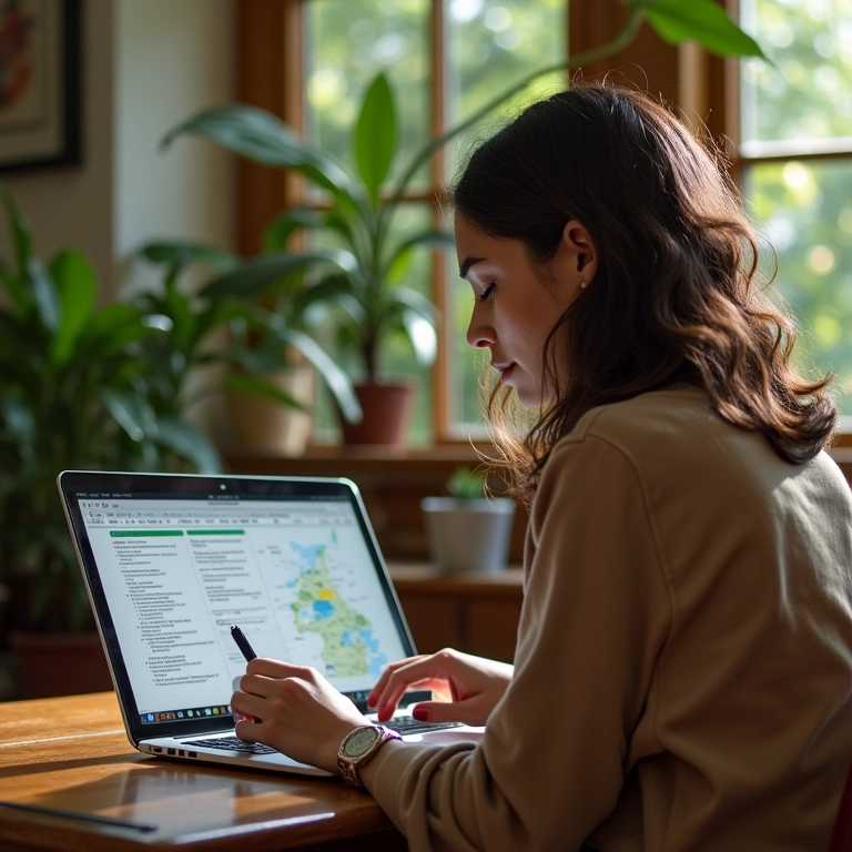 Mulher planejando viagem em laptop, ambiente aconchegante.