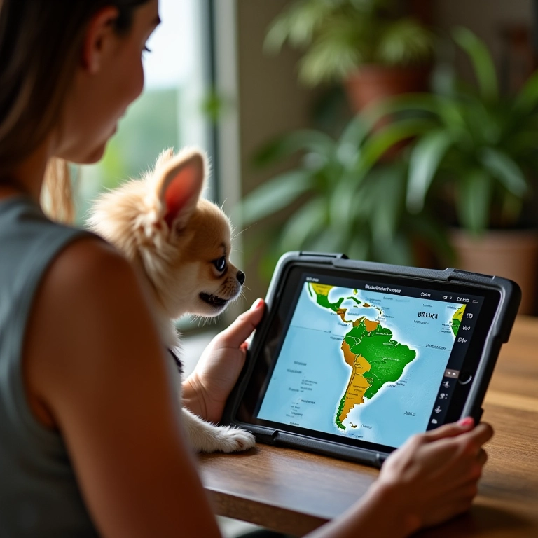 Mulher planejando viagem no tablet com mapa do Brasil e um cão pequeno olhando a tela.