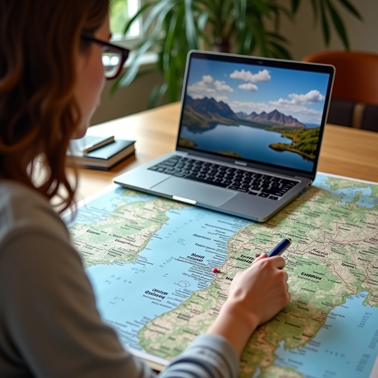 Mulher planejando viagem para a Irlanda com mapa, marcando destinos como Dublin e Galway.