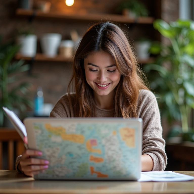 Mulher planejando viagem para Tailândia com guia e laptop em café aconchegante.