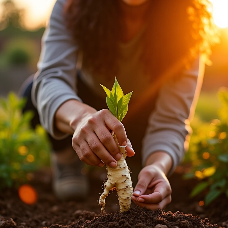Mulher plantando gengibre em um jardim ensolarado ao entardecer.