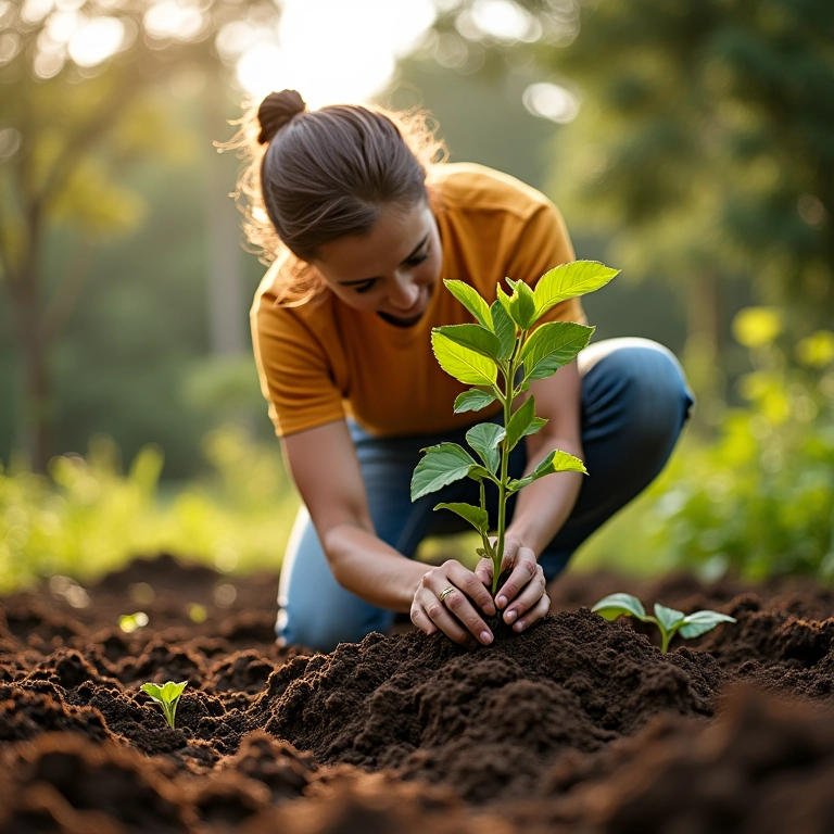 Mulher plantando uma árvore em um jardim ensolarado, com foco em cuidado e crescimento.