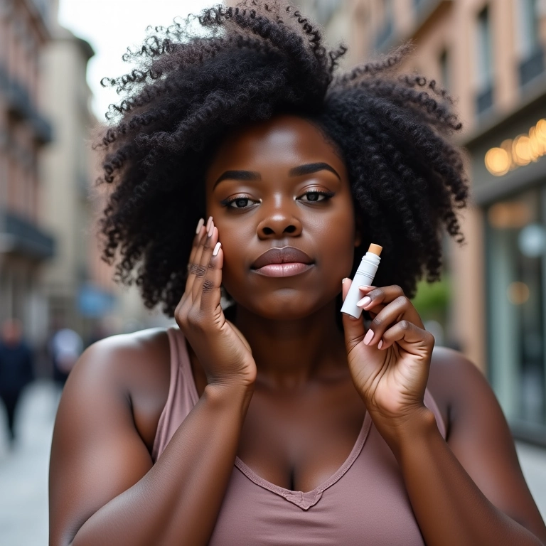 Mulher plus size aplicando corretivo em bastão para retoques rápidos.