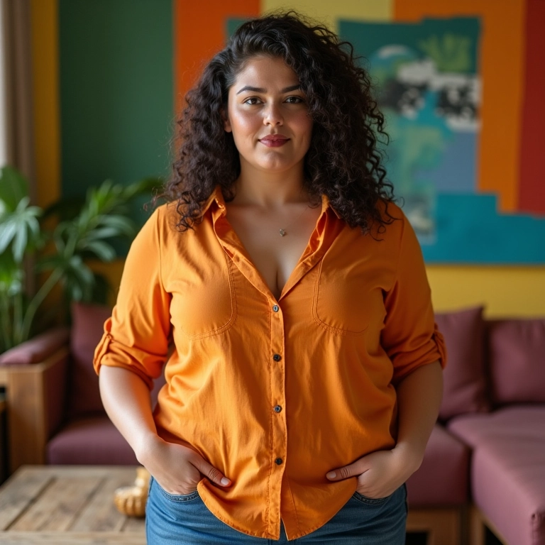 Mulher plus size com blusa decote V em sala de estar brasileira colorida.