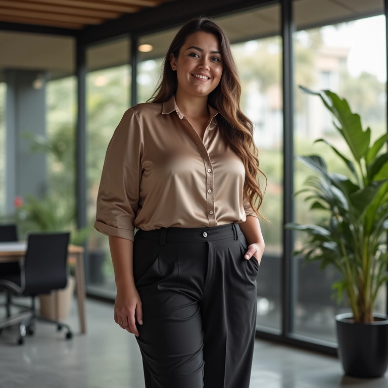 Mulher plus size com calça de alfaiataria e blusa de seda em escritório moderno.