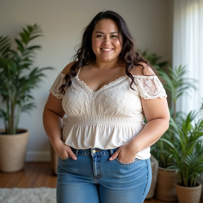 Mulher plus size com calça flare e top de renda.