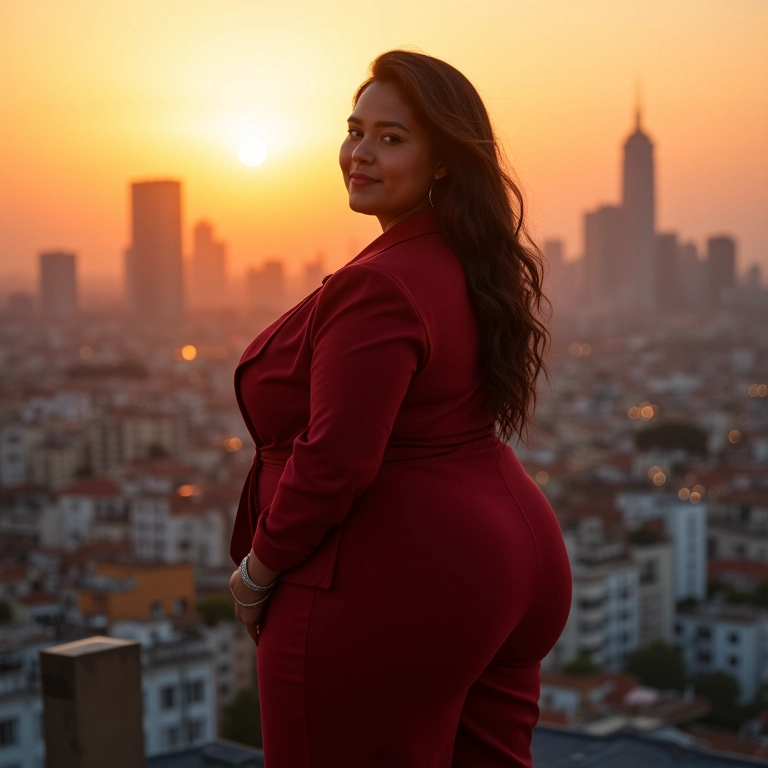 Mulher plus size com calça pantalona e blazer alongado em festa no terraço.