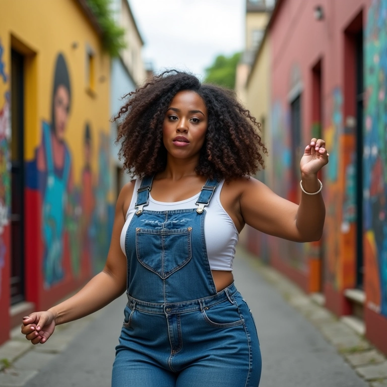 Mulher plus size com cropped e macacão dançando em rua com grafites em São Paulo.