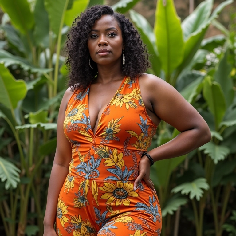 Mulher plus size com macacão em jardim colorido no Brasil.