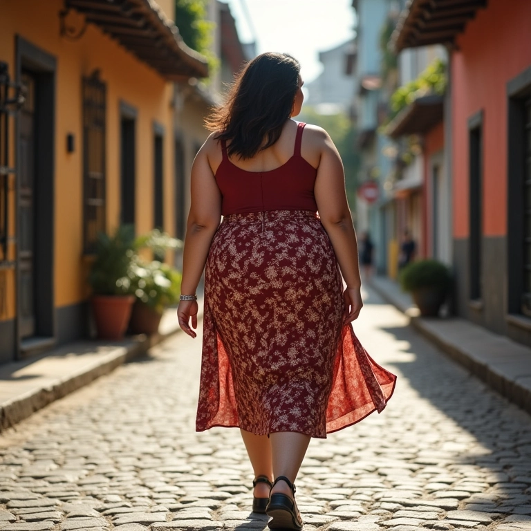 Mulher plus size com saia midi caminhando em rua vibrante no Brasil.