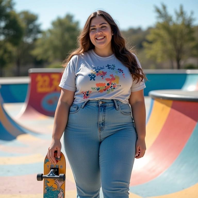 Mulher plus size de jeans Wonder Size andando de skate em parque colorido.