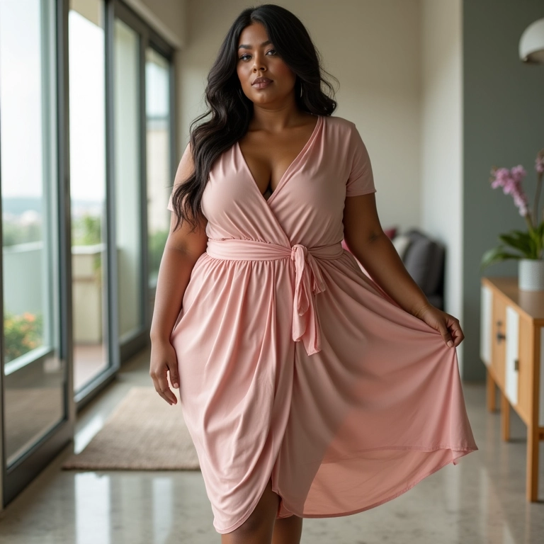 Mulher plus size elegante com vestido envelope em apartamento brasileiro iluminado.