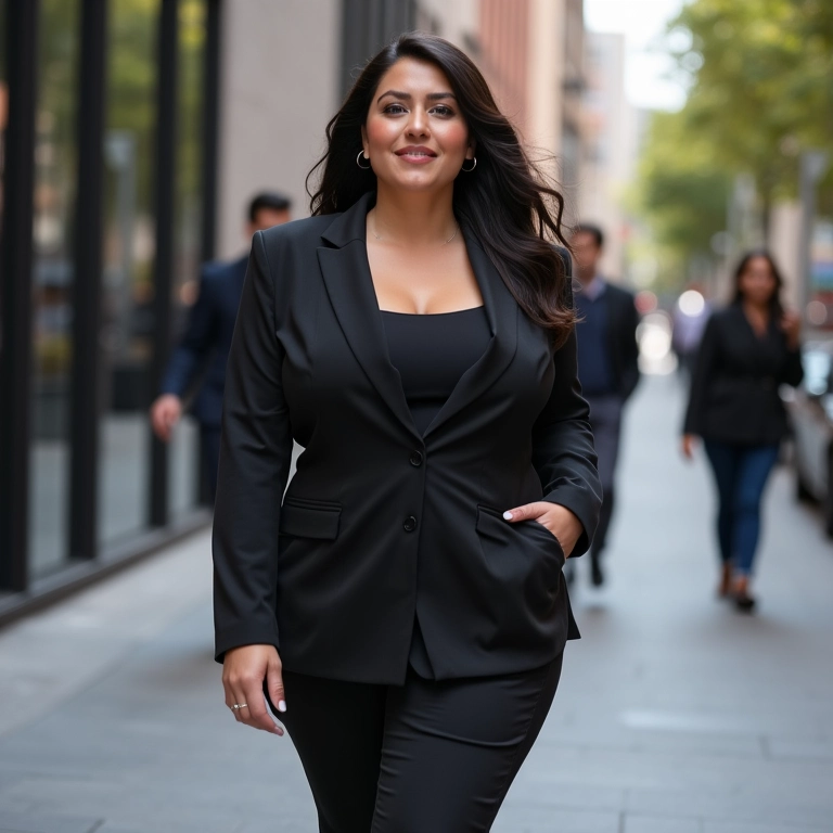 Mulher plus size em blazer e calça alfaiataria Zuya, caminhando confiante na cidade.