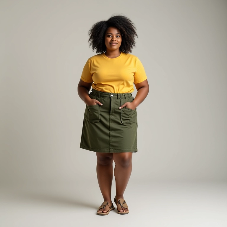 Mulher plus size experimentando diferentes tamanhos de saia cargo.