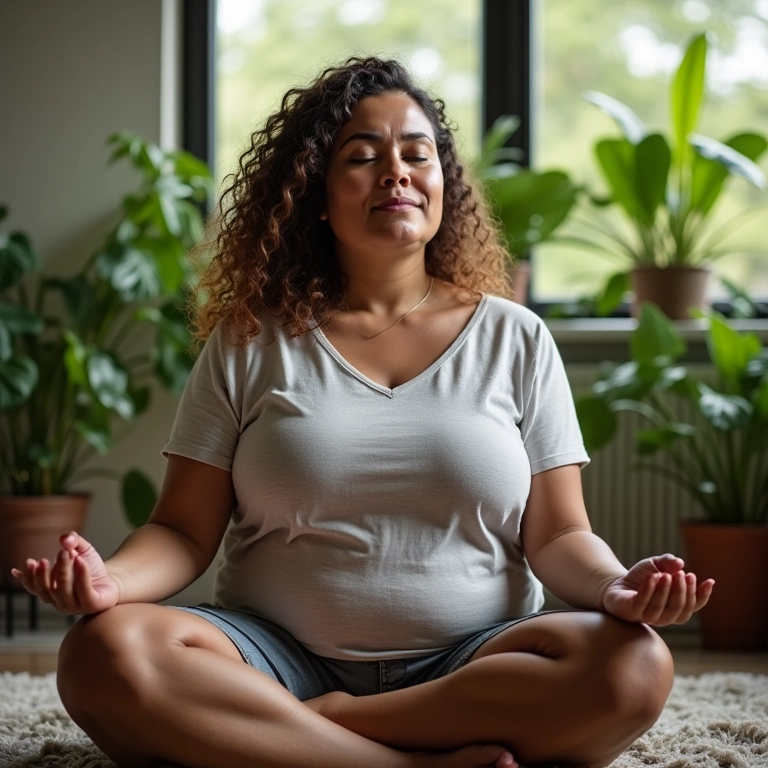 Mulher plus size meditando em sala ensolarada, representando a paciência e aceitação na transição capilar.
