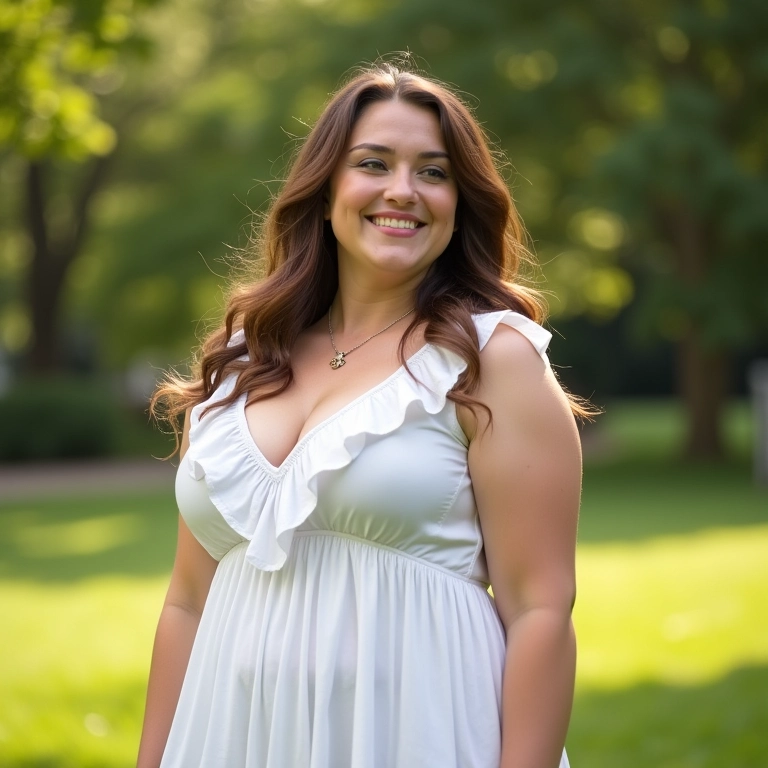 Mulher plus size sorrindo em parque, usando vestido branco com babados.