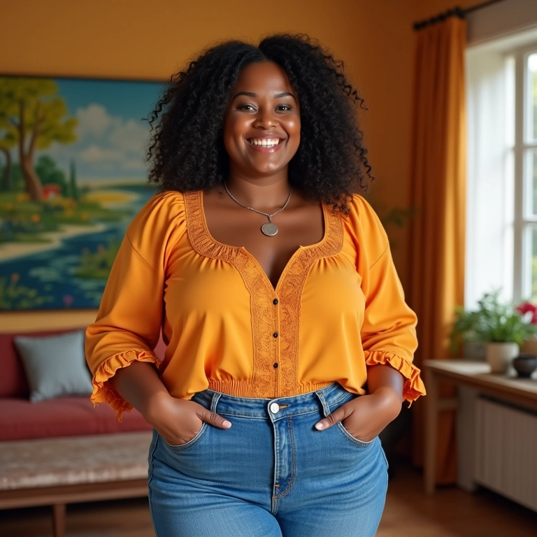 Mulher plus size sorrindo em sala colorida com blusa de manga bufante e calça flare.