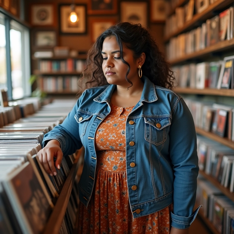 Mulher plus size vestindo Room 78 em loja de discos vintage.