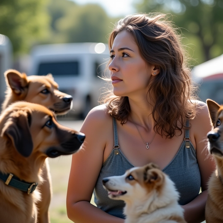 Mulher ponderando sobre diferentes raças de cães em um evento de adoção de animais.