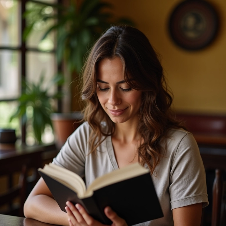 Mulher praticando frases básicas em português com um livro em pousada charmosa.