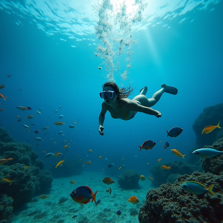 Mulher praticando snorkeling em Fernando de Noronha, Pernambuco, em águas cristalinas.