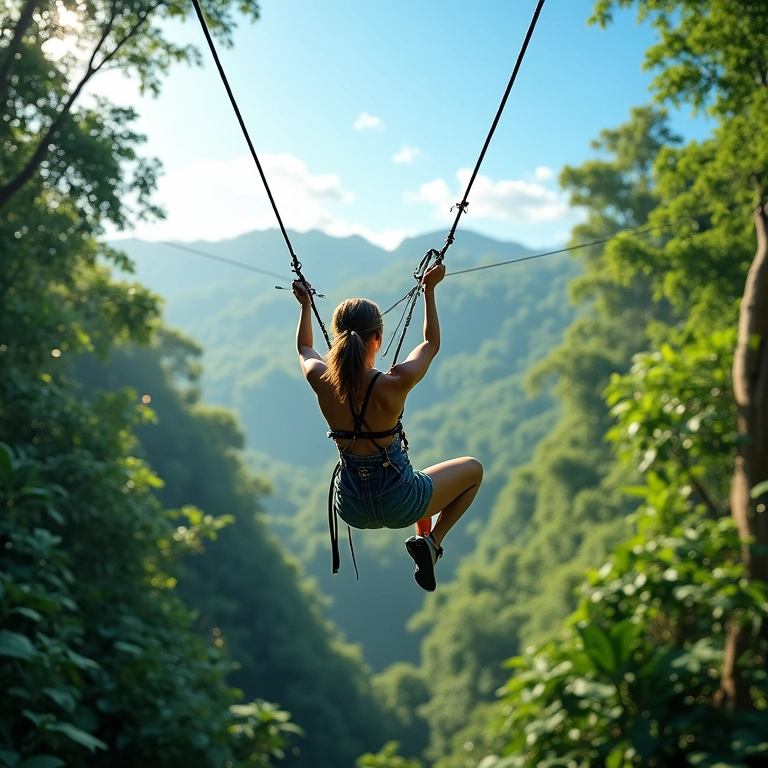 Mulher praticando tirolesa na Amazônia brasileira durante a Páscoa.