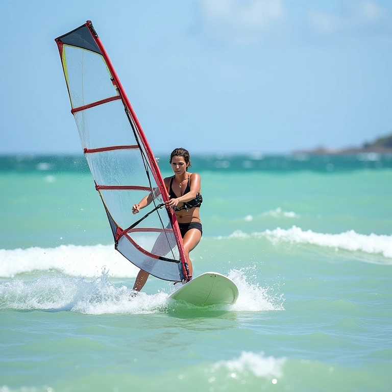 Mulher praticando windsurf em Vila Galé Cumbuco, Ceará.