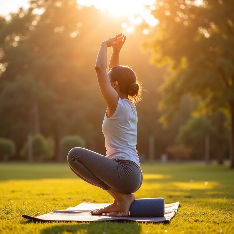 Mulher praticando yoga ao ar livre, fortalecendo os músculos e a saúde óssea.