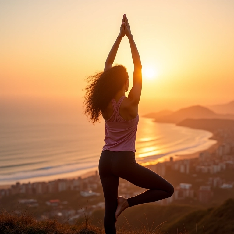 Mulher praticando yoga ao nascer do sol no Rio de Janeiro, vestindo roupa de yoga.