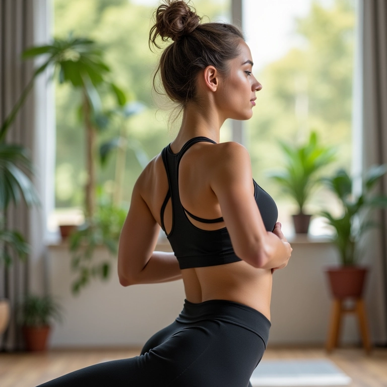 Mulher praticando yoga com top e legging de suporte, priorizando segurança e conforto nos exercícios.