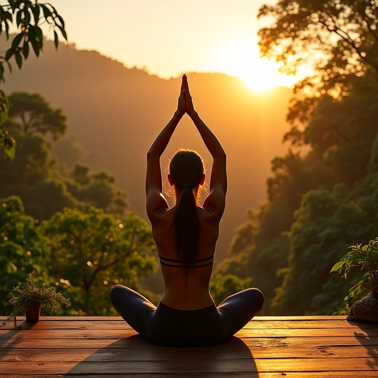 Mulher praticando yoga em deck de madeira com vista para floresta tropical brasileira ao nascer do sol.