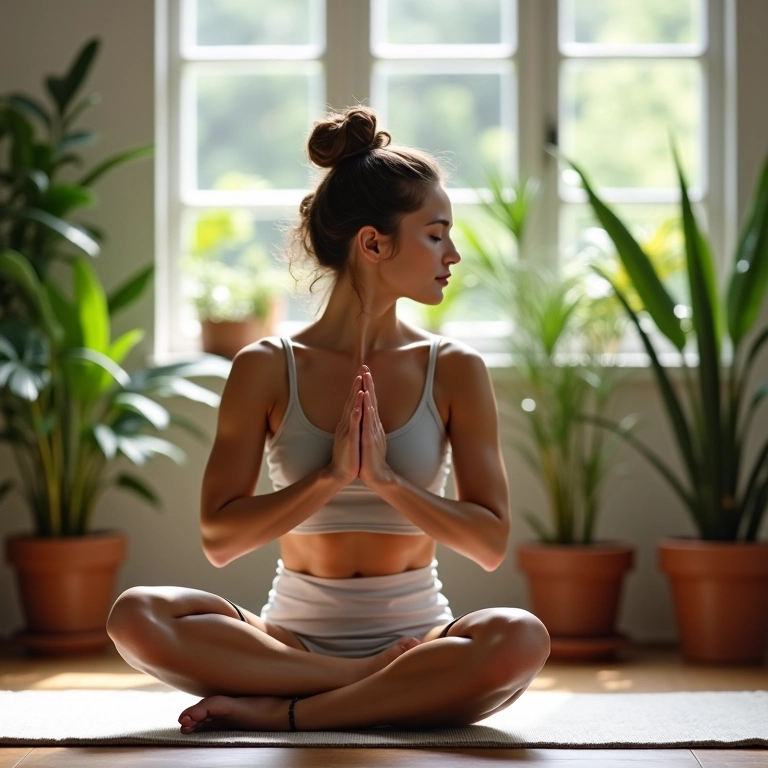 Mulher praticando yoga em um quarto iluminado e cheio de plantas com decoração brasileira.