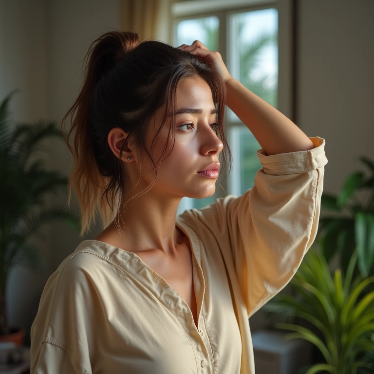Mulher preocupada aos 30 observando a queda de cabelo no espelho.