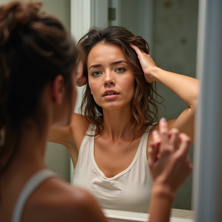 Mulher preocupada com a queda excessiva de cabelo.