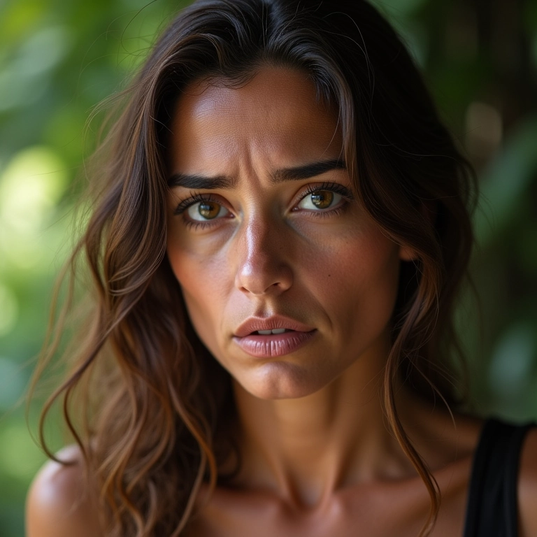 Mulher preocupada com cabelo danificado após tratamento químico.