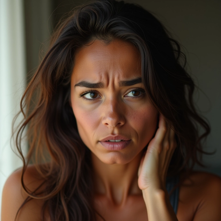 Mulher preocupada com o ressecamento do cabelo antes da acidificação.