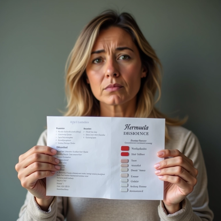 Mulher preocupada com resultados de exame, representando problemas hormonais e queda de cabelo.