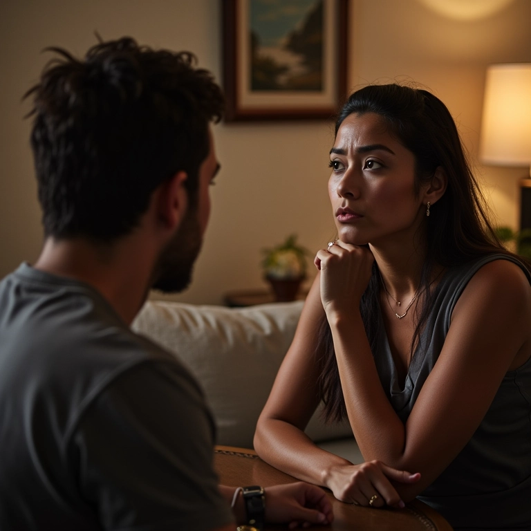 Mulher preocupada conversando com parceiro sobre problemas de dependência.