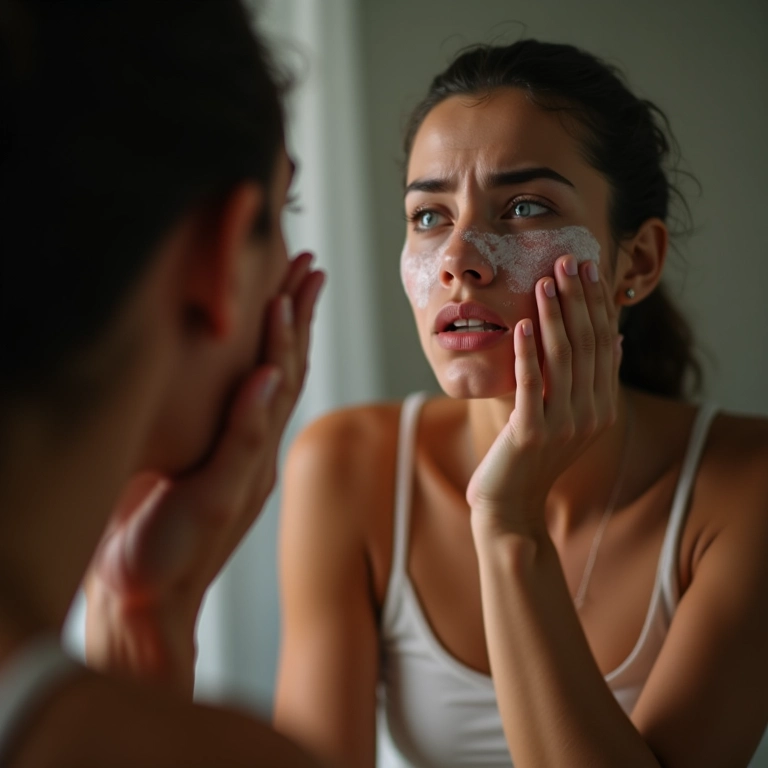 Mulher preocupada examinando irritação na pele após peeling químico caseiro.