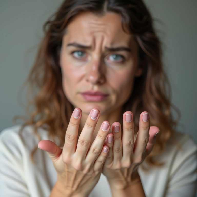 Mulher preocupada examinando unhas curtas e quebradiças.