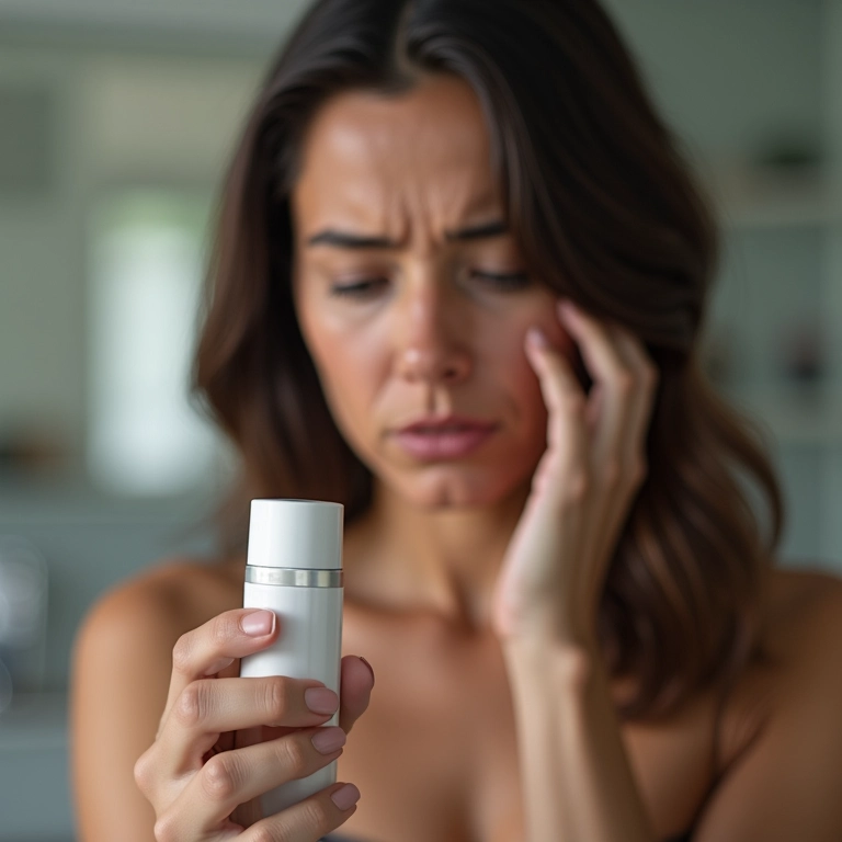 Mulher preocupada lendo rótulo com ingredientes sintéticos.