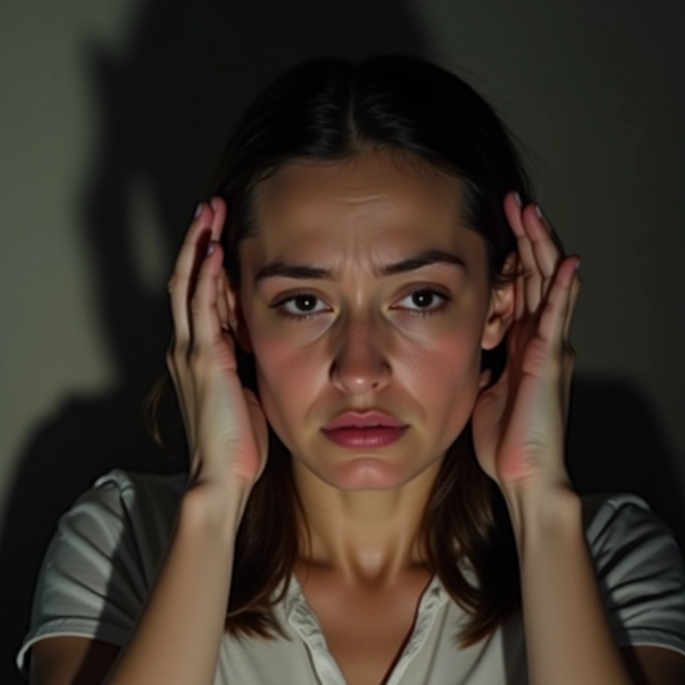 Mulher preocupada, mãos nos ouvidos, sombra ameaçadora, manipulação emocional.