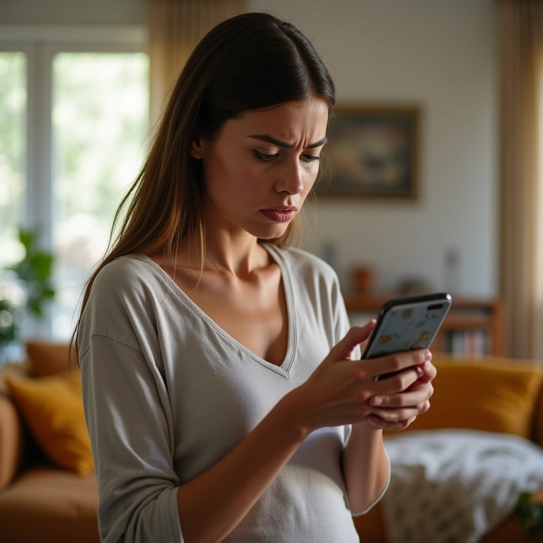 Mulher preocupada olhando o celular, vendo posts irreais sobre maternidade.