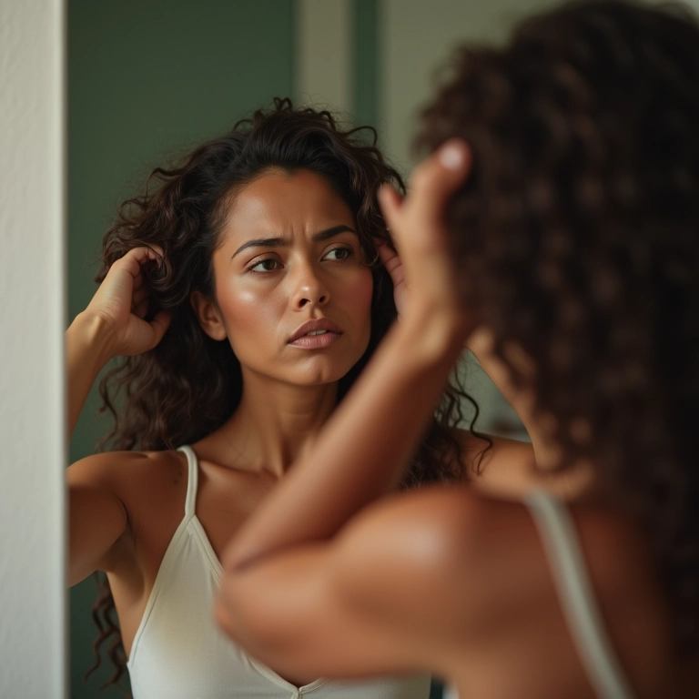 Mulher preocupada olhando para a queda de cabelo no espelho.