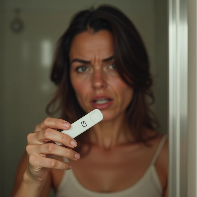 Mulher preocupada segurando teste de gravidez em banheiro com decoração brasileira.