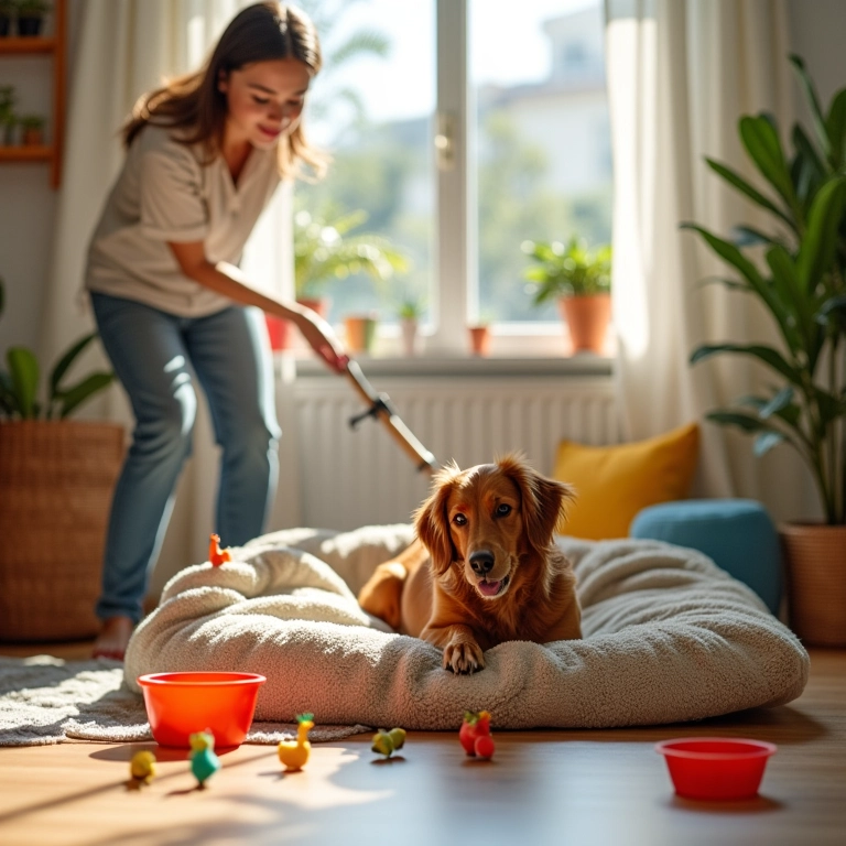Mulher preparando a casa para a chegada de um novo cão, colocando uma cama nova e brinquedos no chão.