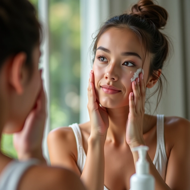 Mulher preparando a pele antes da maquiagem com produtos de limpeza suave.