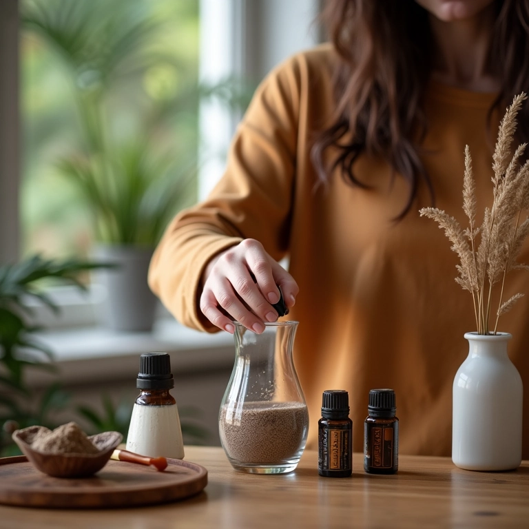 Mulher preparando aromatizador de varetas caseiro em sala de estar aconchegante com decoração brasileira.